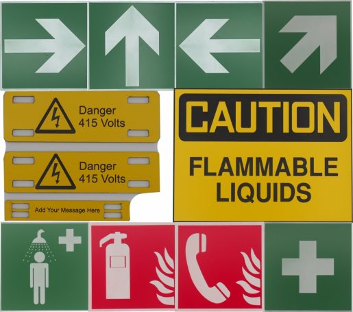 Caution signs for flammable liquids, electrical danger, and emergency instructions.